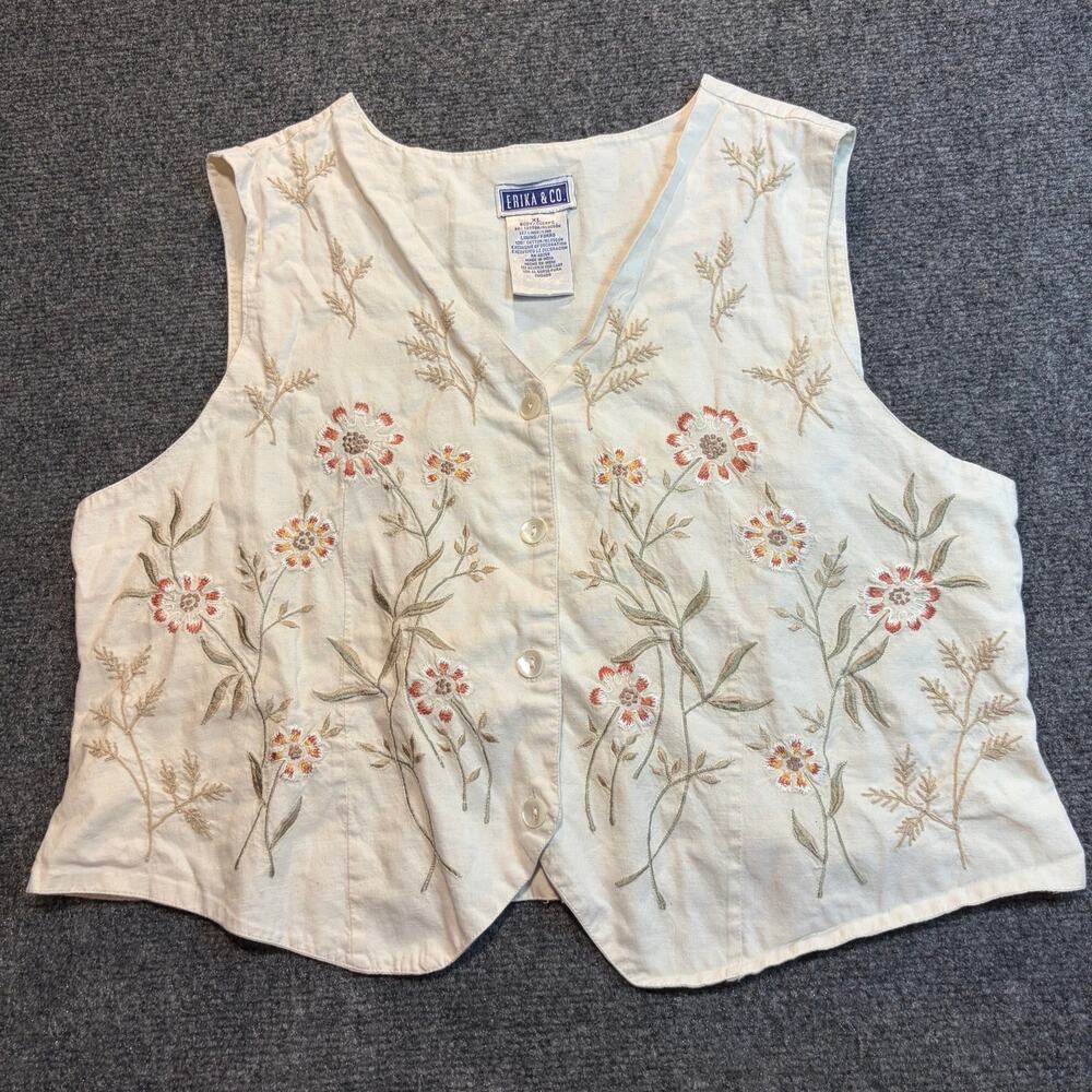 Erika & Co Womens XL Ivory White Linen Blend Embroidered Floral Button Vest Top